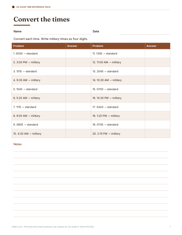 Preview of Printable Military Time Conversion Worksheet