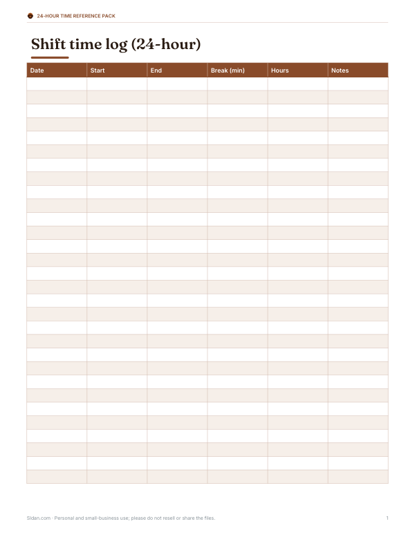 Preview of Printable 24-Hour Shift Log